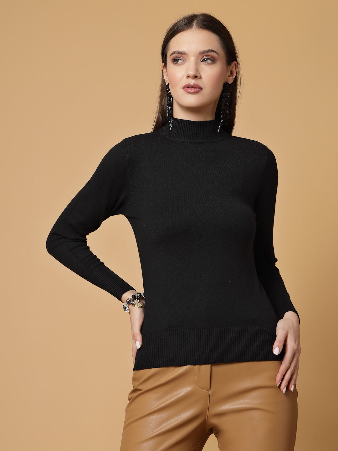 Mafadeny Women Winter Wear Basic T-Neck Black Pullover