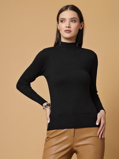 Mafadeny Women Winter Wear Basic T-Neck Black Pullover