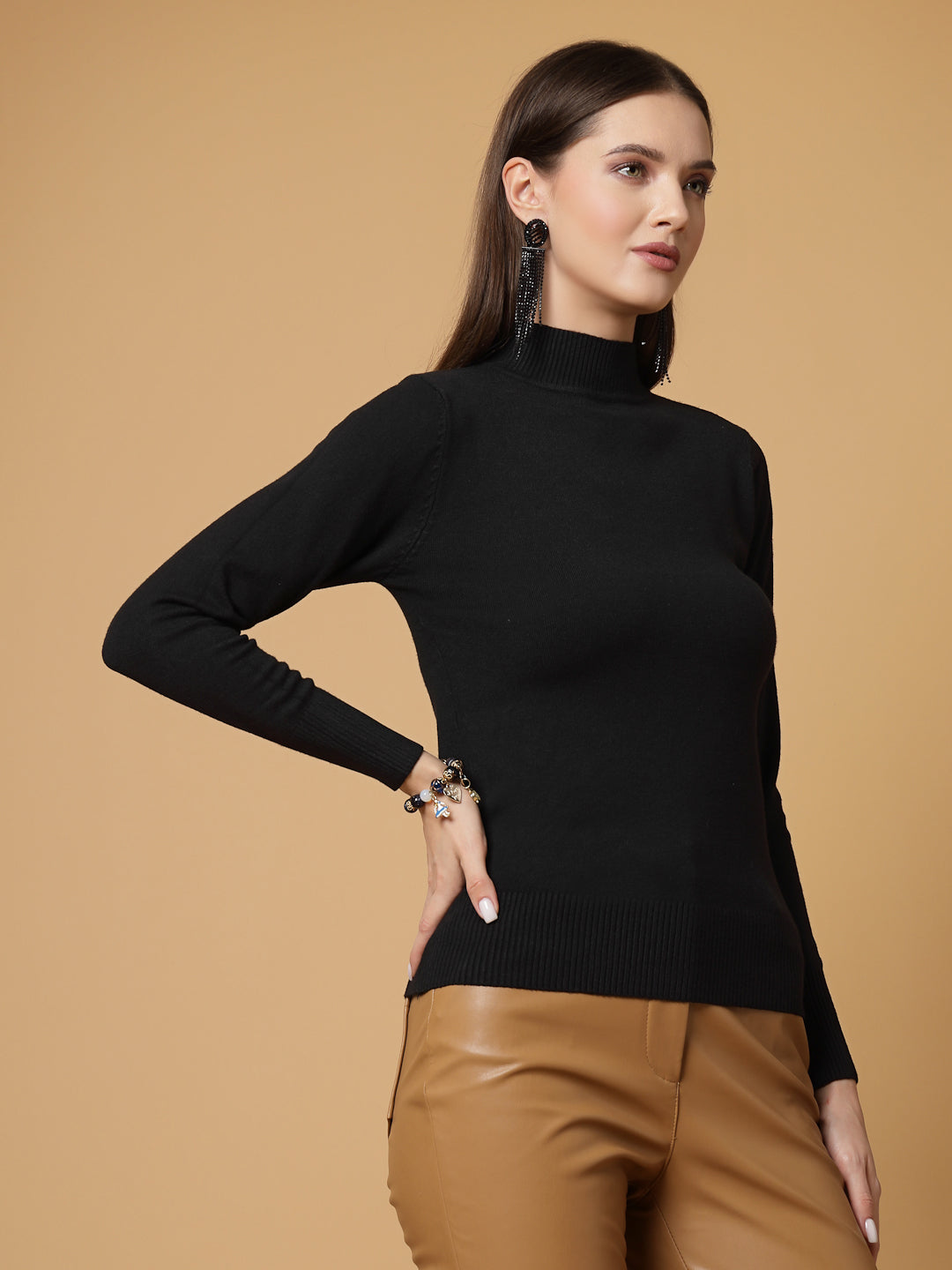 Mafadeny Women Winter Wear Basic T-Neck Black Pullover