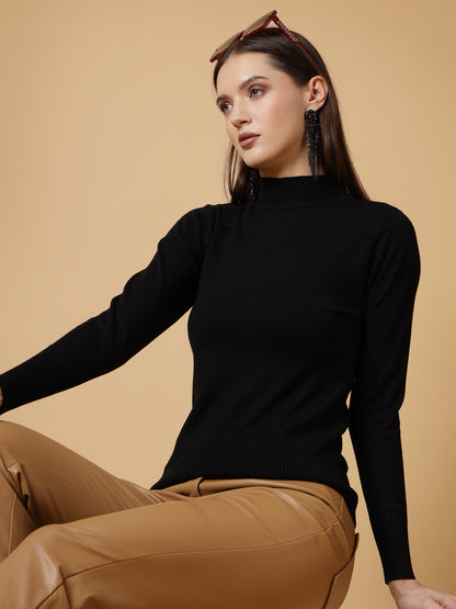 Mafadeny Women Winter Wear Basic T-Neck Black Pullover