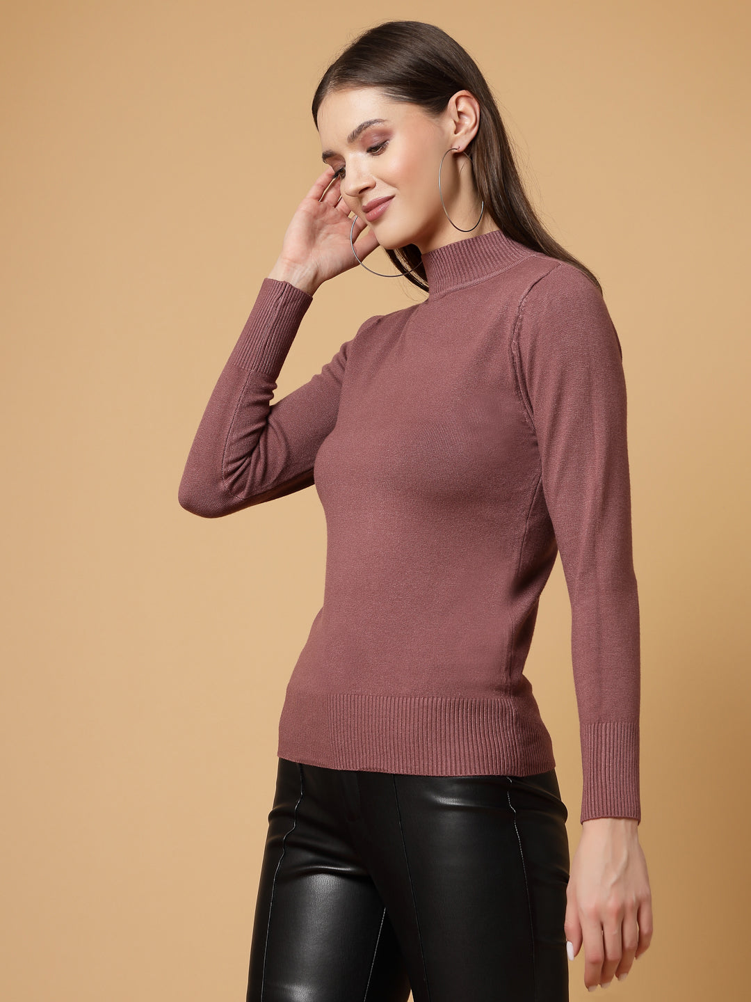 Mafadeny Women Winter Wear Basic T-Neck Light Wine Pullover