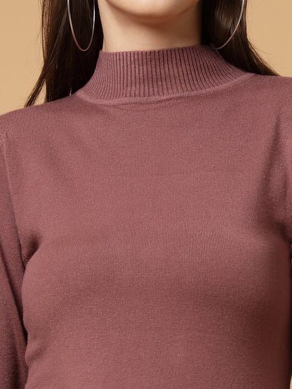 Mafadeny Women Winter Wear Basic T-Neck Light Wine Pullover