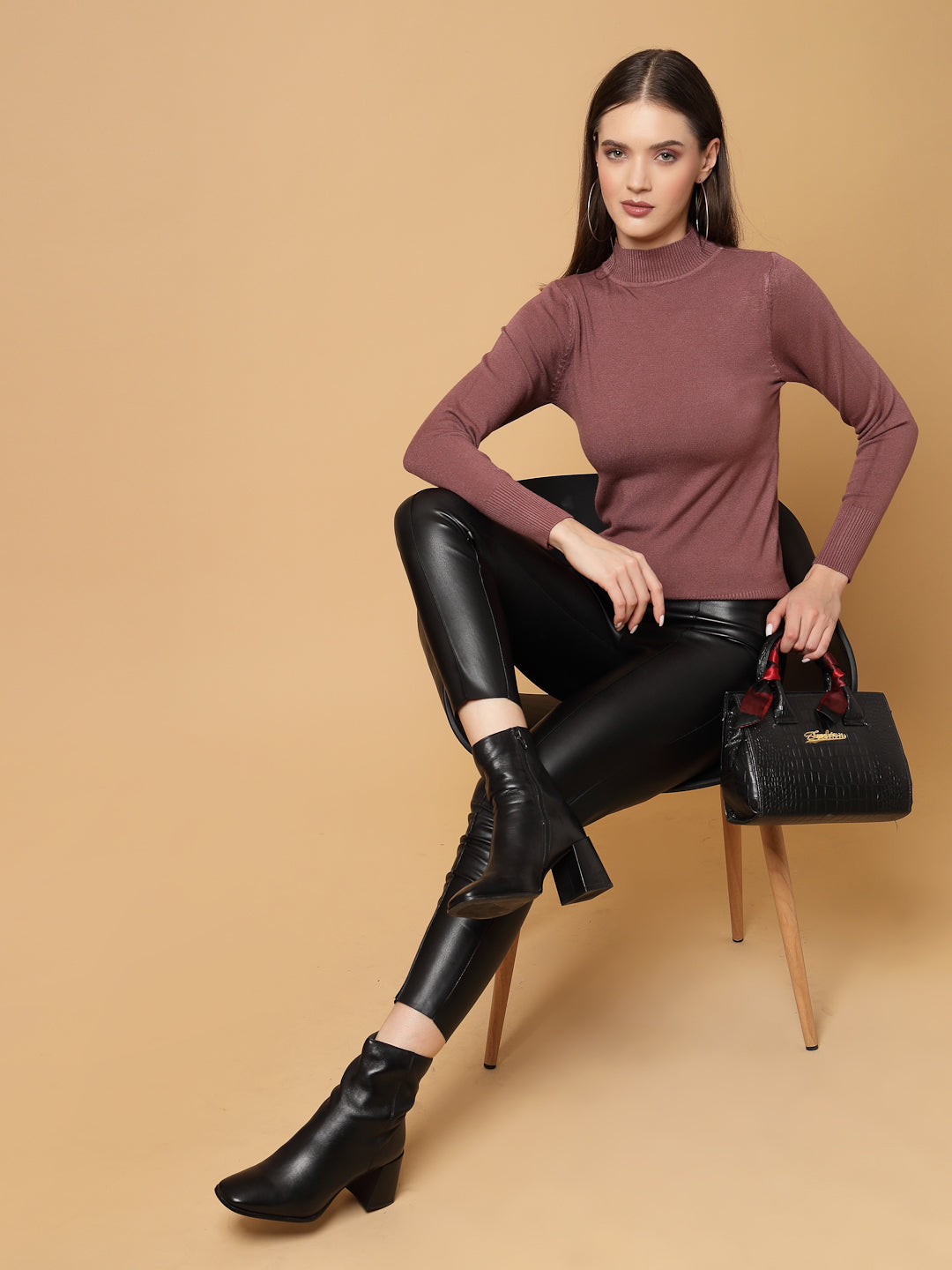 Mafadeny Women Winter Wear Basic T-Neck Light Wine Pullover