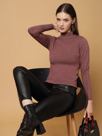 Mafadeny Women Winter Wear Basic T-Neck Light Wine Pullover