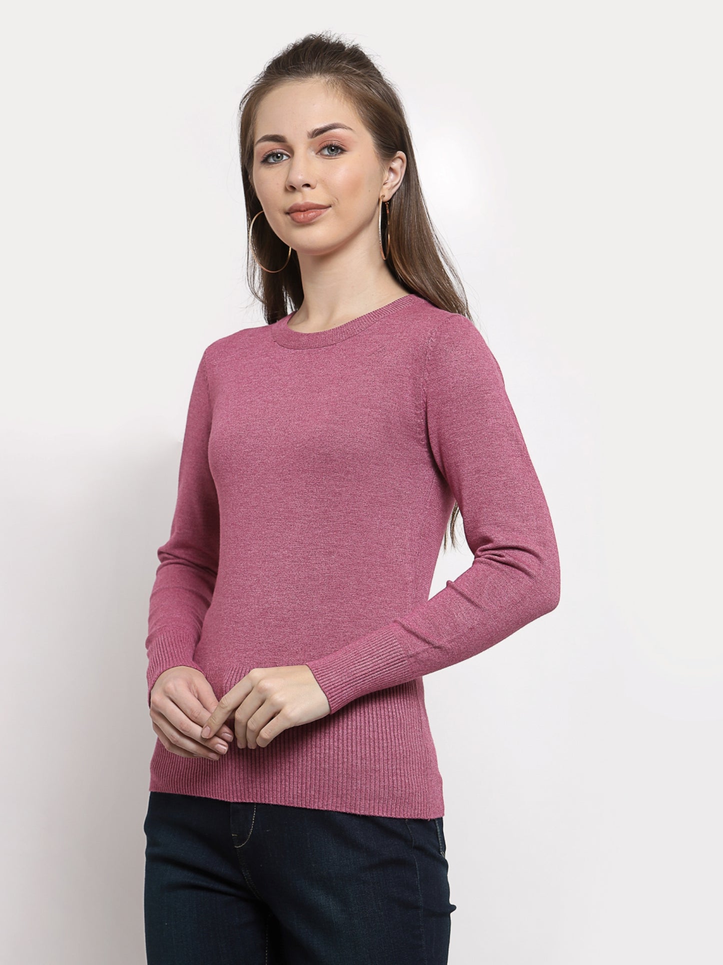 Mafadeny Women Winter Wear Light Wine Round Neck Pullover