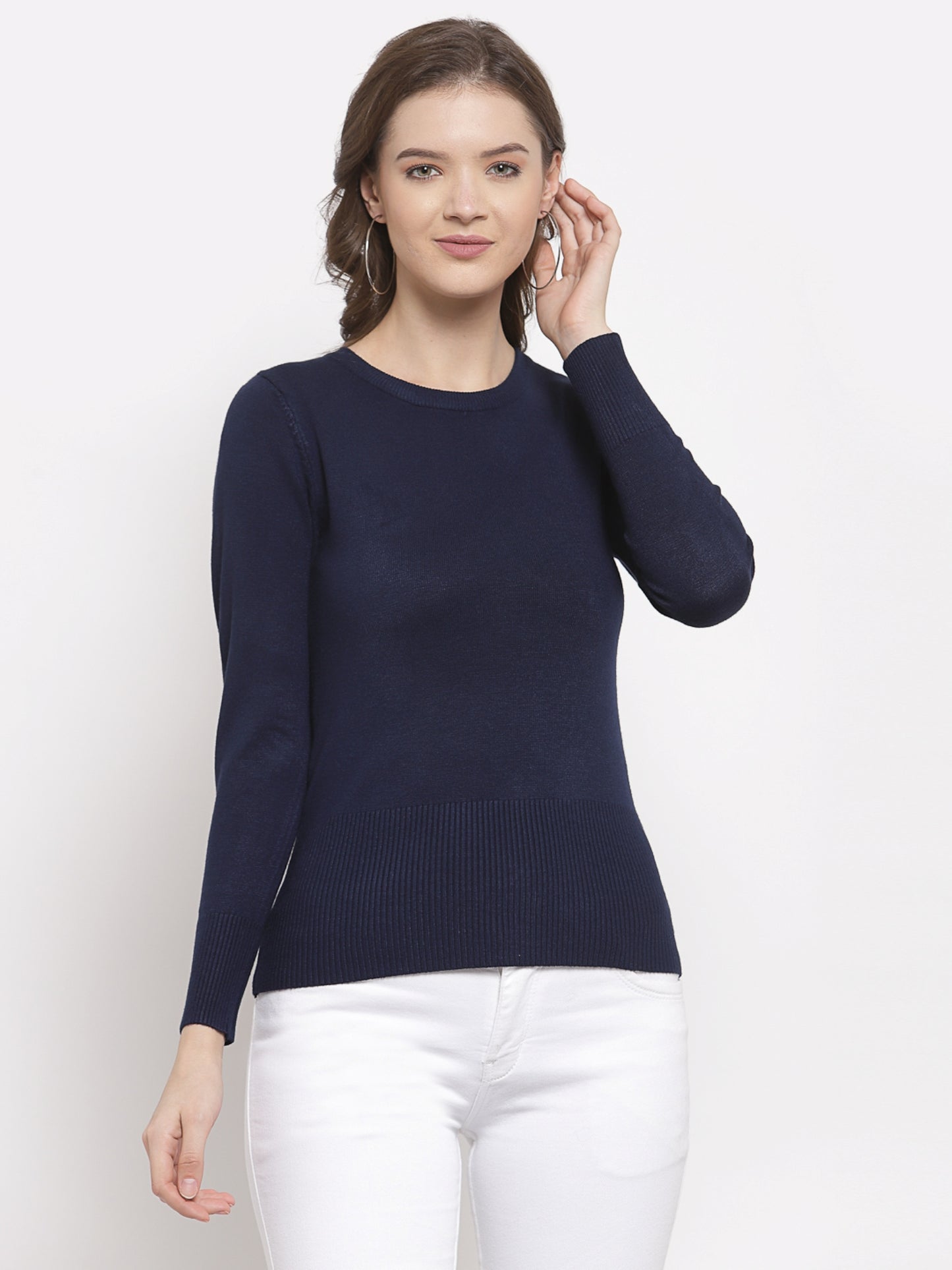 Mafadeny Women Winter Wear Navy Blue Round Neck Pullover