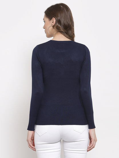 Mafadeny Women Winter Wear Navy Blue Round Neck Pullover