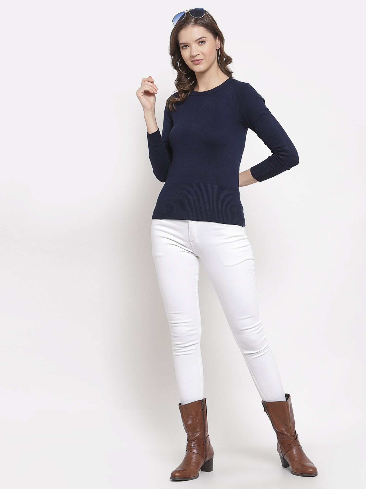 Mafadeny Women Winter Wear Navy Blue Round Neck Pullover