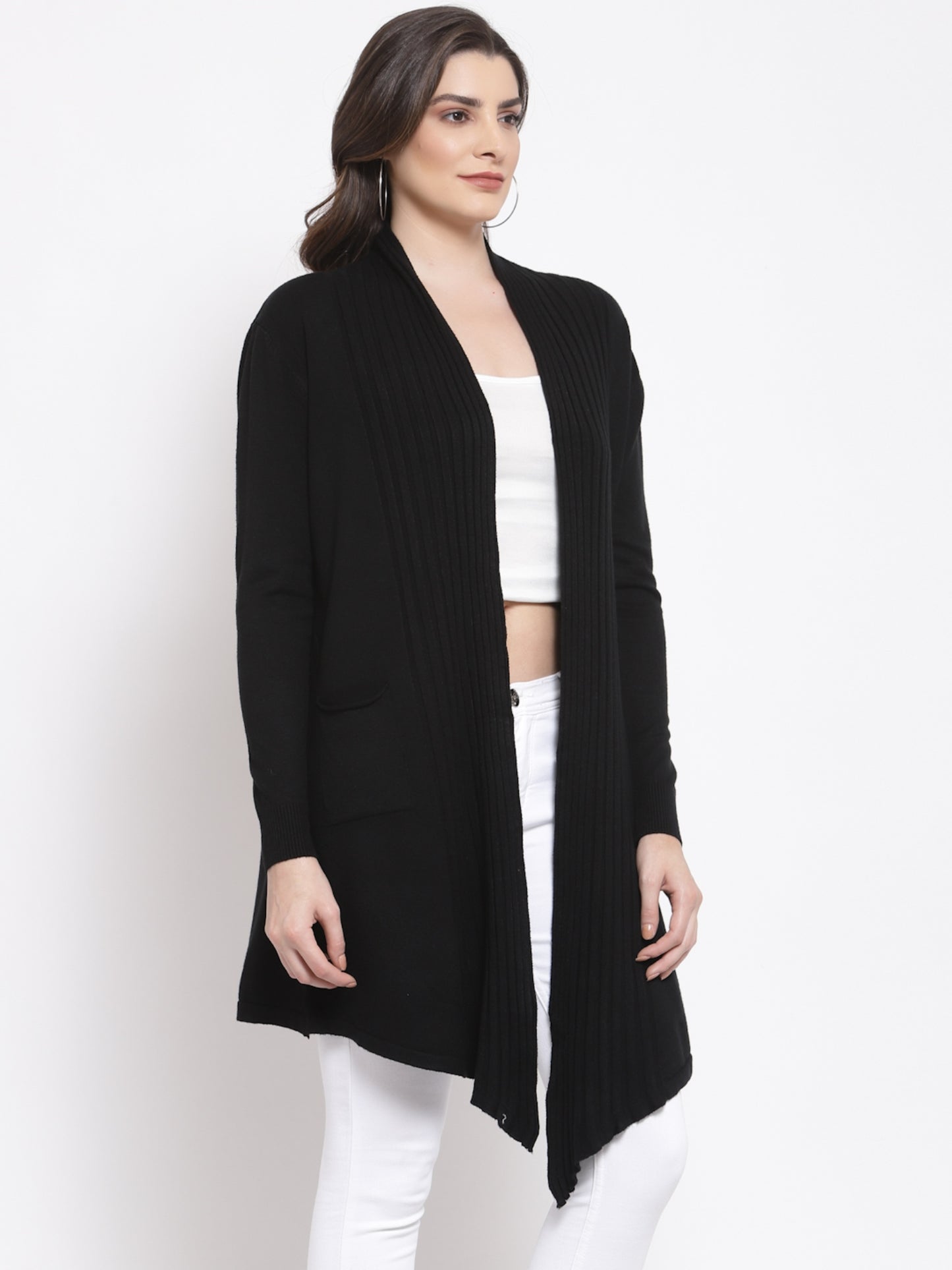 Mafadeny Women Winter Wear Black Longline Shrug