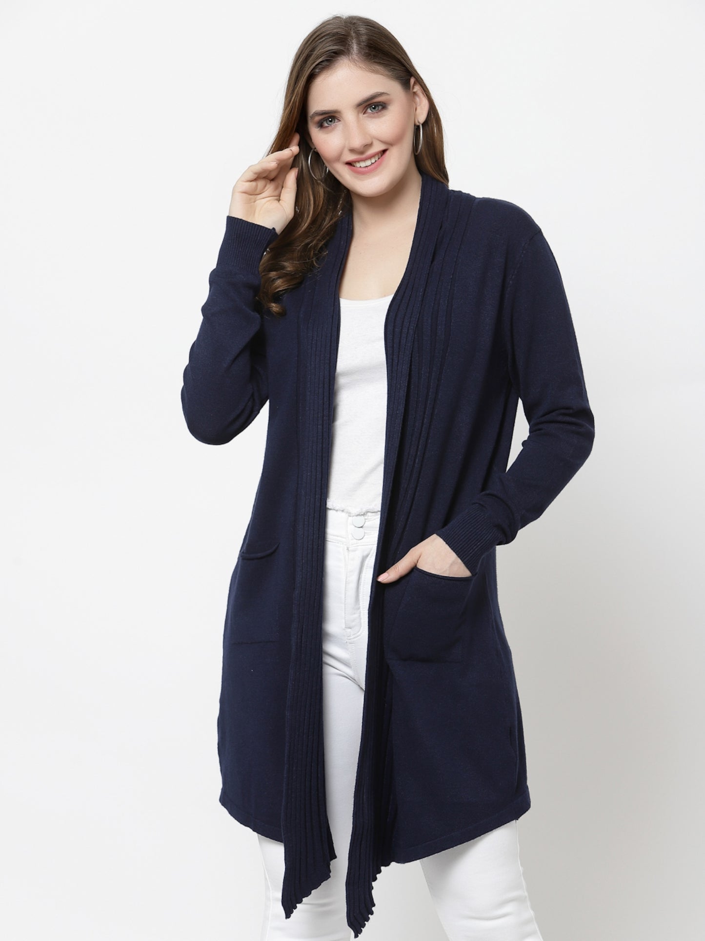 Mafadeny Women Winter wear Navy Blue Longline Shrug