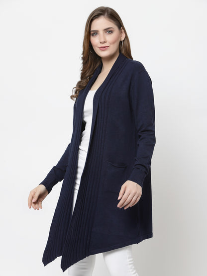 Mafadeny Women Winter wear Navy Blue Longline Shrug