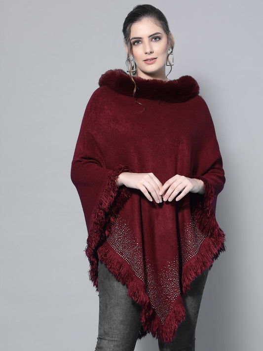 Mafadeny Women Maroon Embroidered Poncho with Embellished Detail