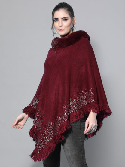 Mafadeny Women Maroon Embroidered Poncho with Embellished Detail