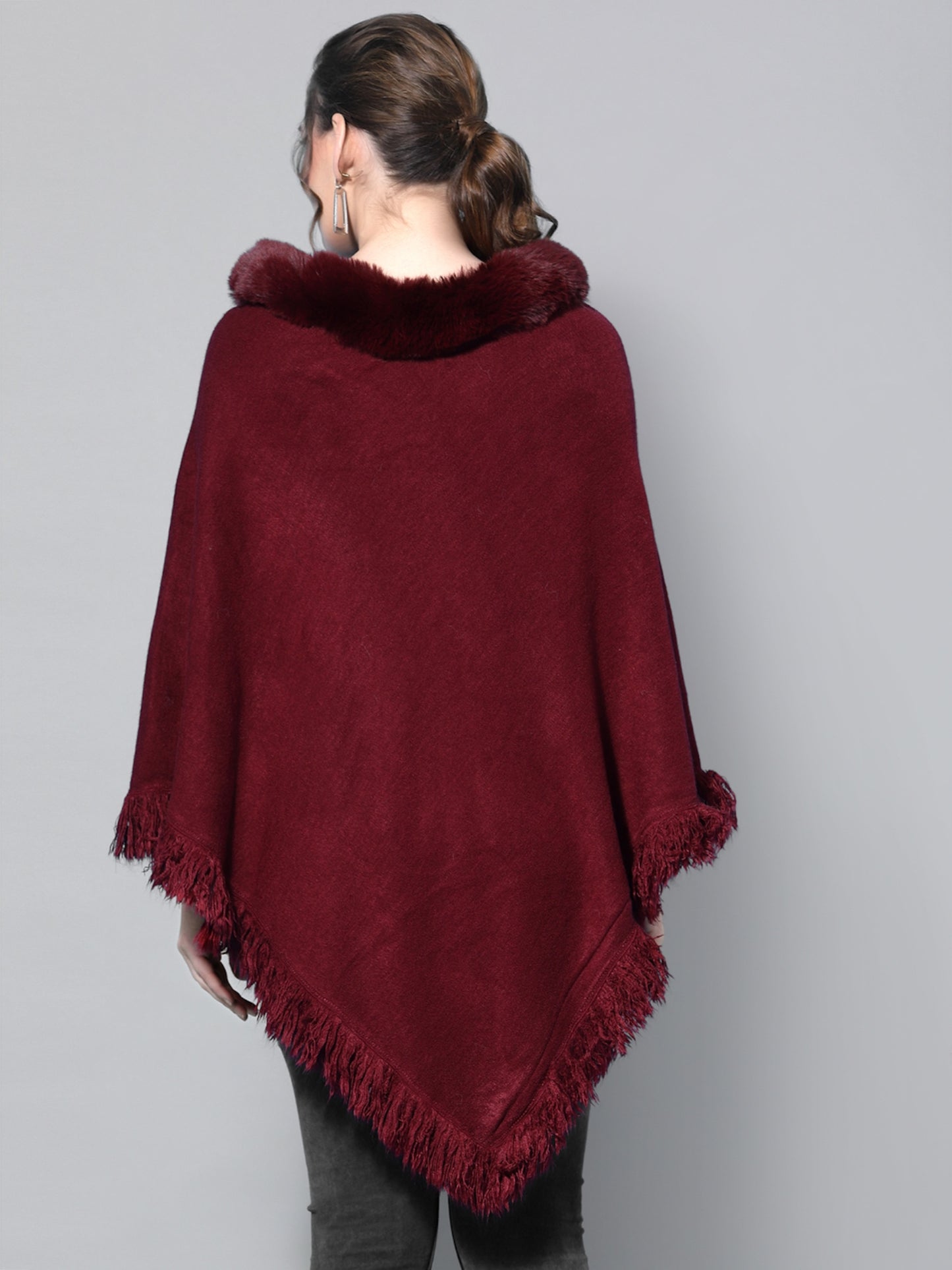 Mafadeny Women Maroon Embroidered Poncho with Embellished Detail