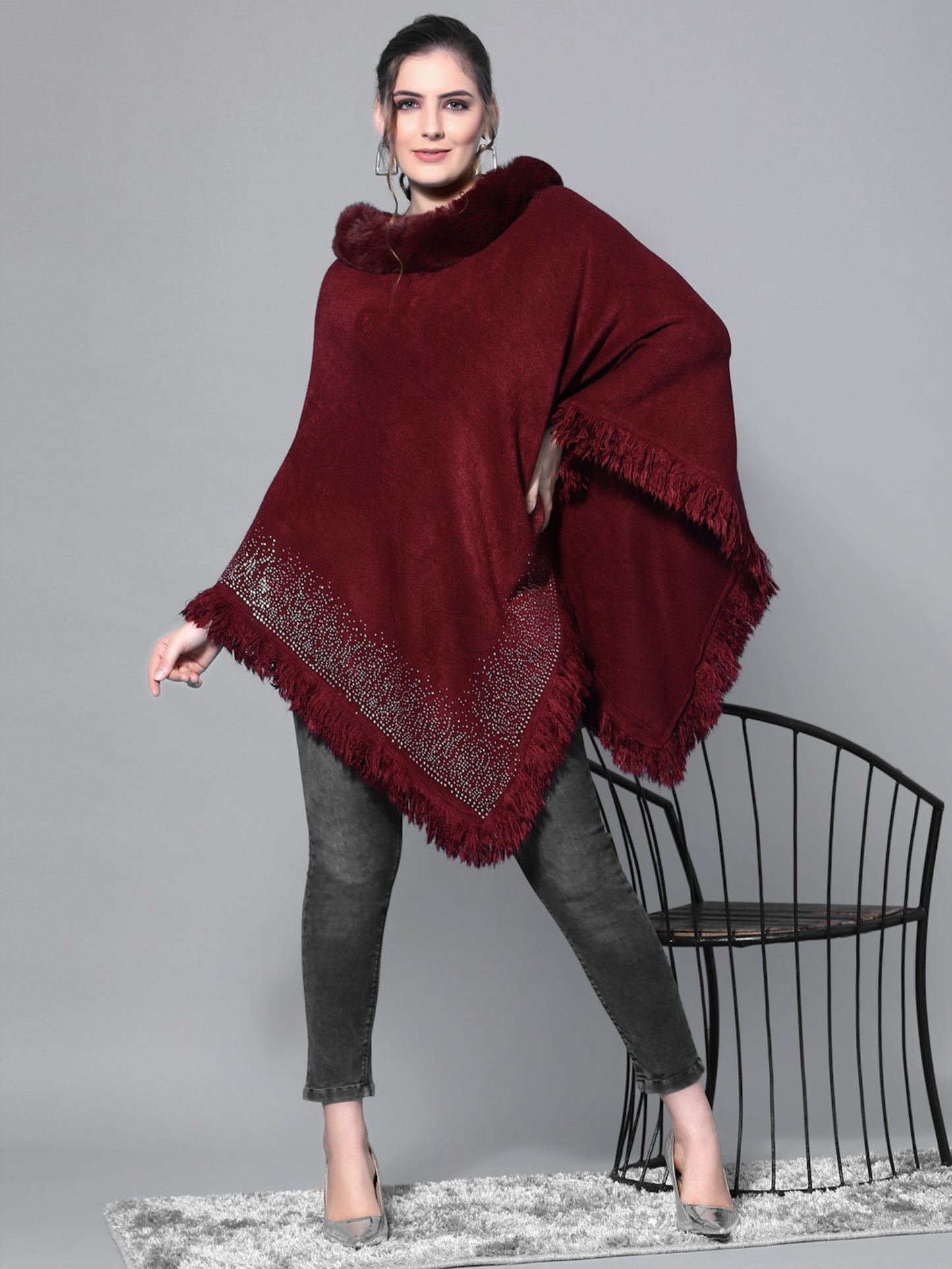 Mafadeny Women Maroon Embroidered Poncho with Embellished Detail