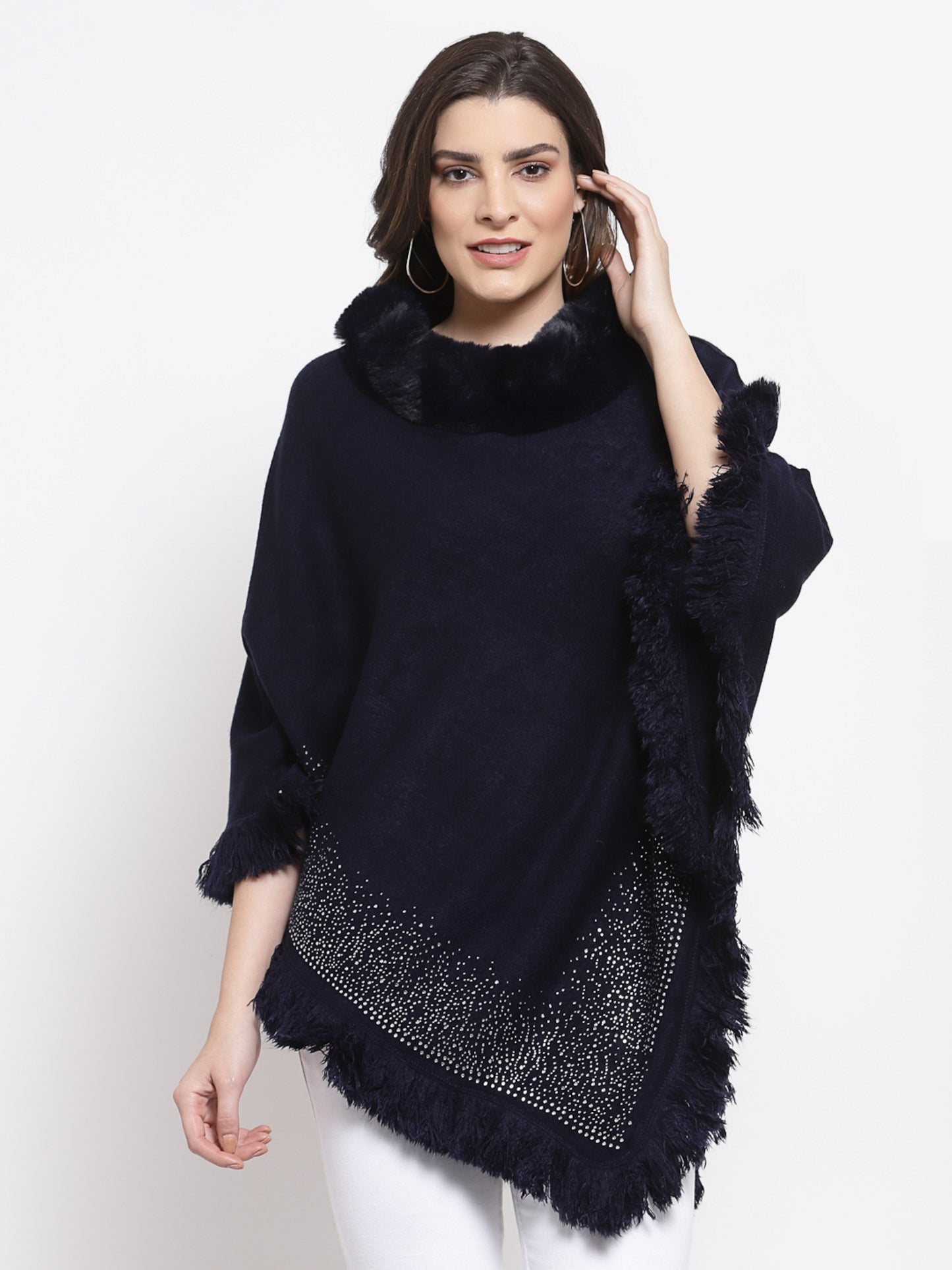 Mafadeny Women Navy Blue Embroidered Poncho with Embellished Detail