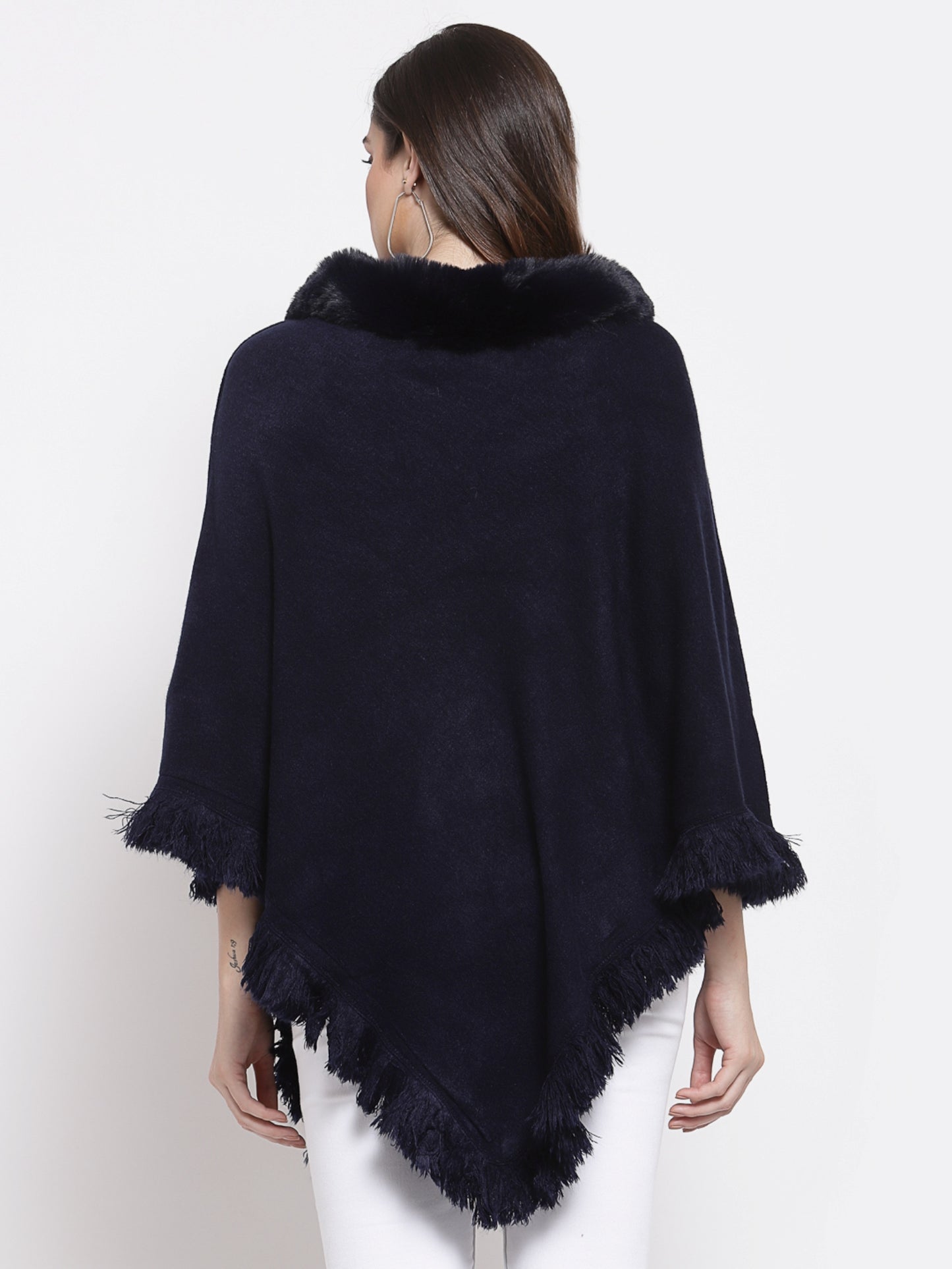 Mafadeny Women Navy Blue Embroidered Poncho with Embellished Detail