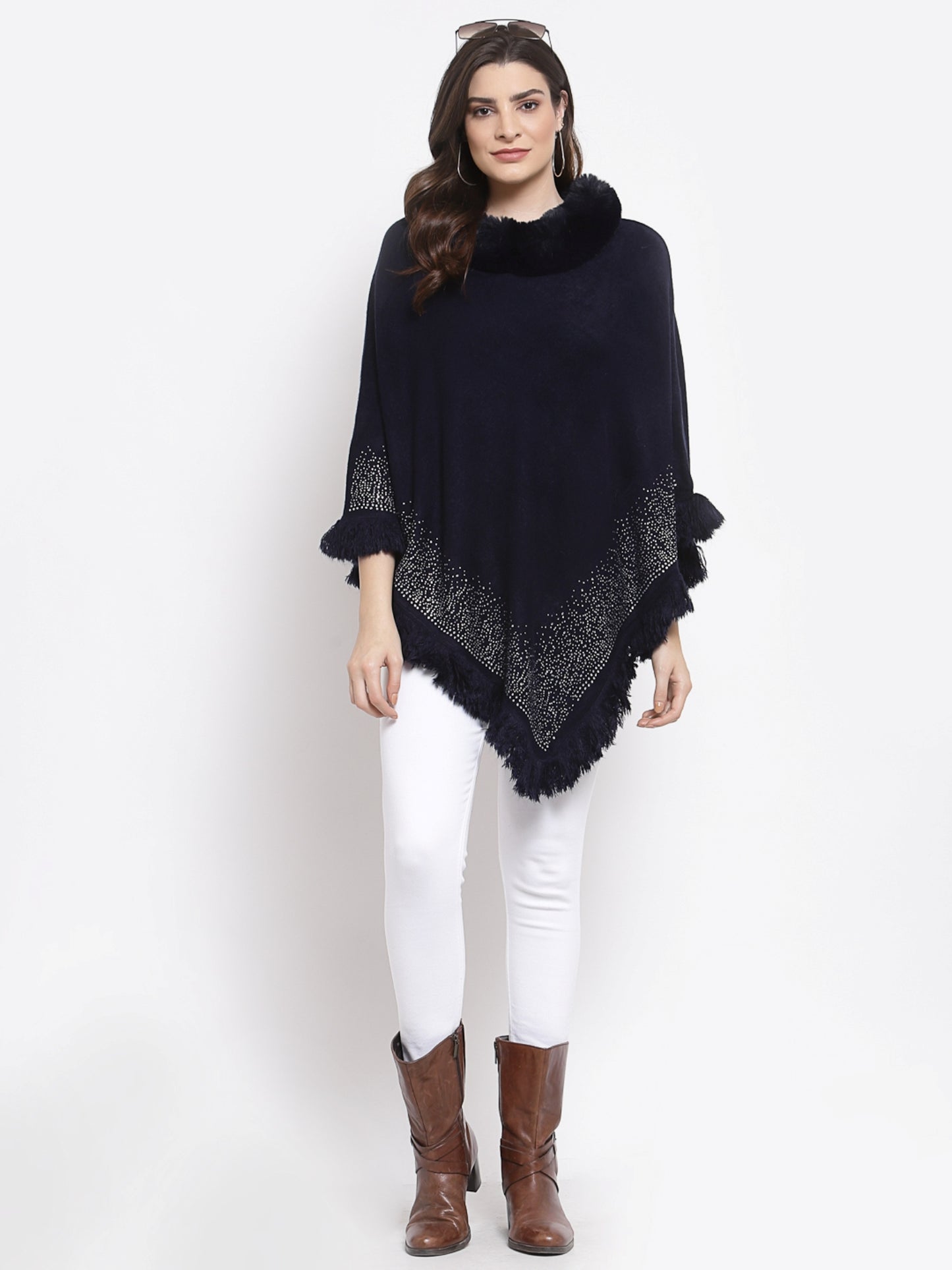 Mafadeny Women Navy Blue Embroidered Poncho with Embellished Detail