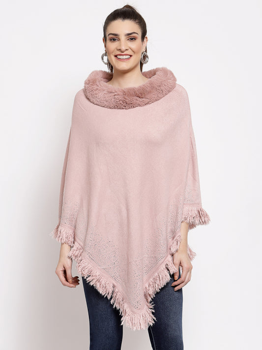 Mafadeny Women Peach Embroidered Poncho with Embellished Detail