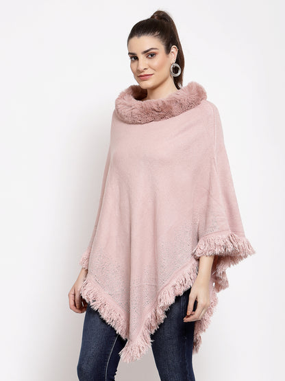 Mafadeny Women Peach Embroidered Poncho with Embellished Detail