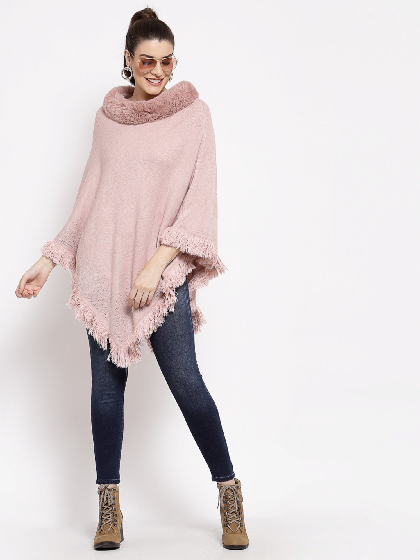 Mafadeny Women Peach Embroidered Poncho with Embellished Detail