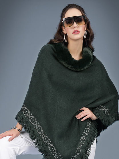 Mafadeny Women Winter Wear Green Longline Poncho