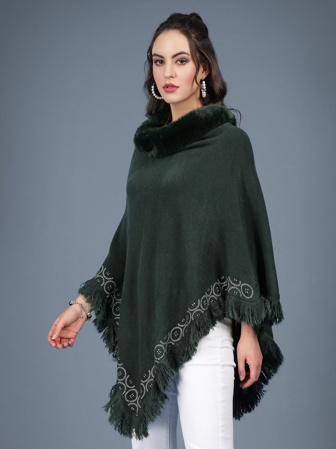 Mafadeny Women Winter Wear Green Longline Poncho