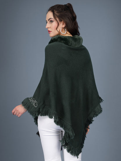 Mafadeny Women Winter Wear Green Longline Poncho