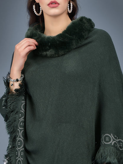 Mafadeny Women Winter Wear Green Longline Poncho