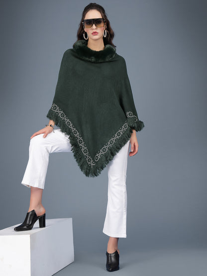 Mafadeny Women Winter Wear Green Longline Poncho