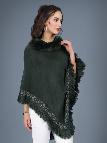 Mafadeny Women Winter Wear Green Longline Poncho