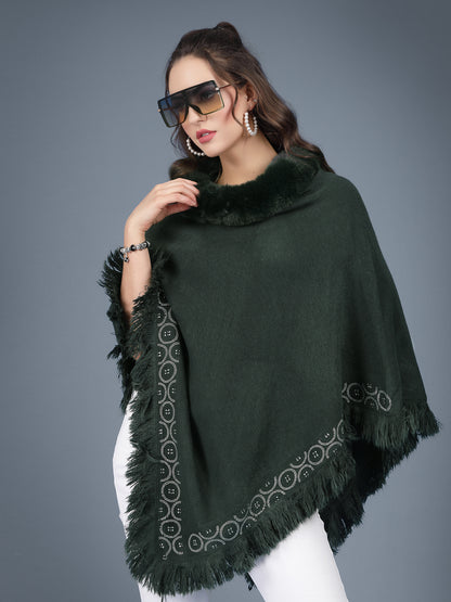 Mafadeny Women Winter Wear Green Longline Poncho