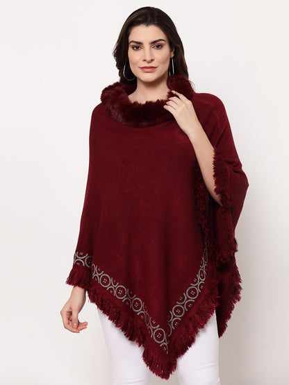 Mafadeny Women Winter Wear Mehroon Longline Poncho