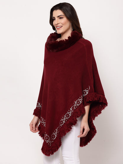 Mafadeny Women Winter Wear Mehroon Longline Poncho