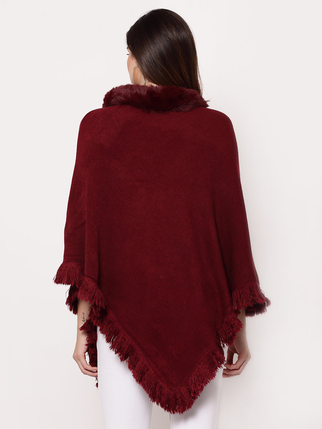 Mafadeny Women Winter Wear Mehroon Longline Poncho