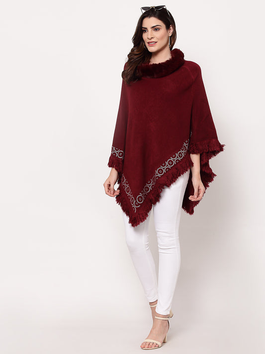 Mafadeny Women Winter Wear Mehroon Longline Poncho