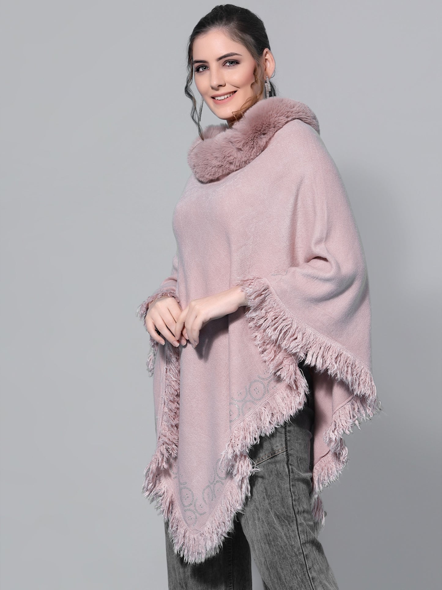 Mafadeny Women Winter Wear Peach Longline Poncho