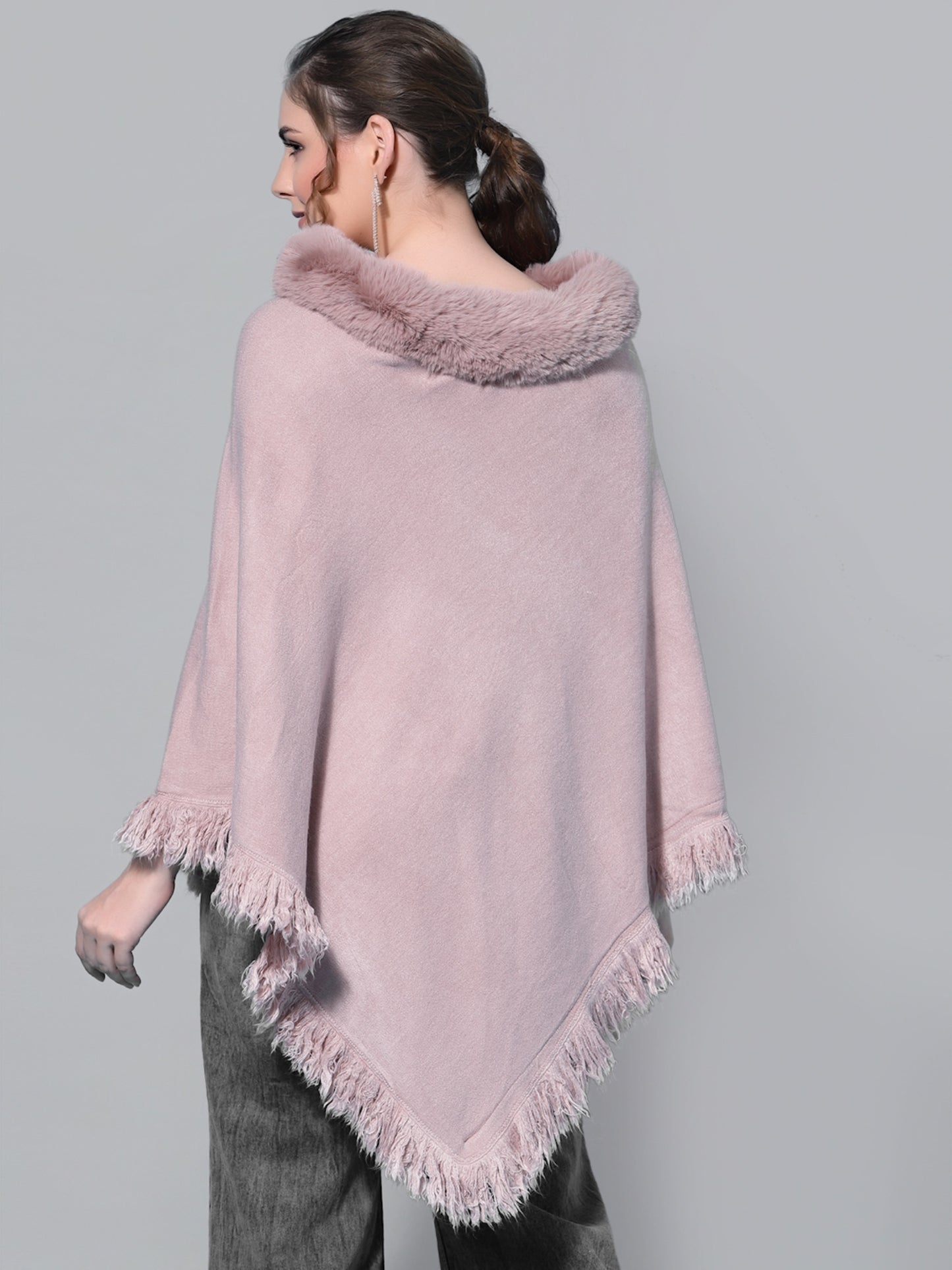 Mafadeny Women Winter Wear Peach Longline Poncho