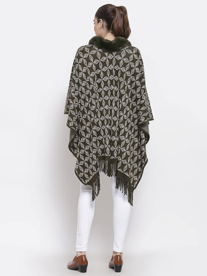 Mafadeny Women Green & Grey Printed Poncho with Fringed Detail