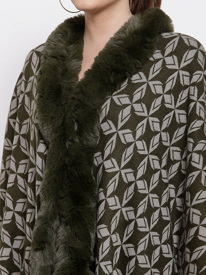 Mafadeny Women Green & Grey Printed Poncho with Fringed Detail