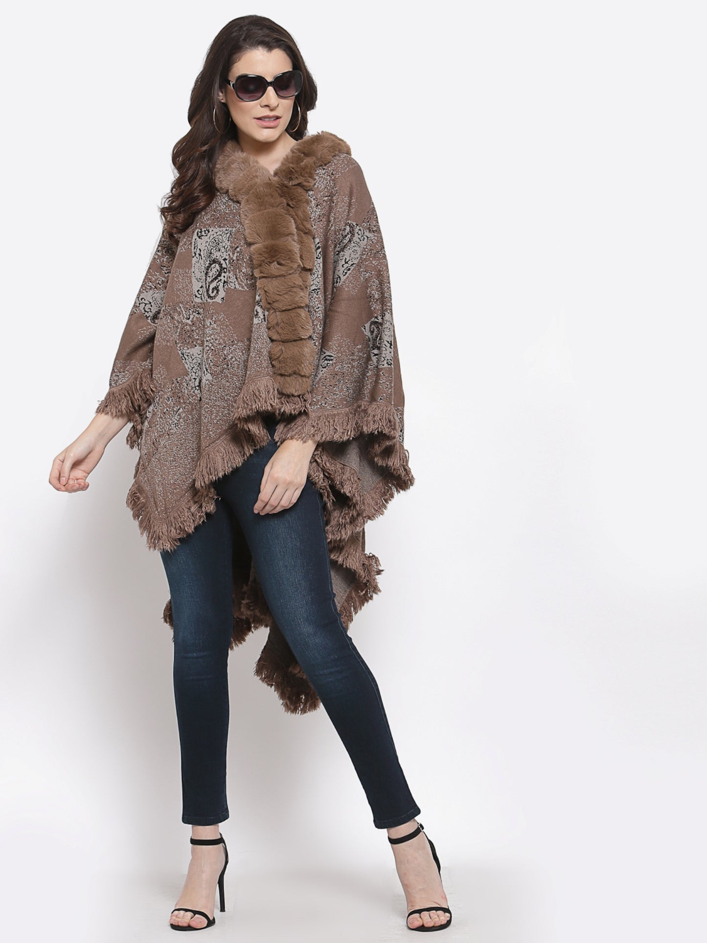 Mafadeny Women Brown Self Design Poncho