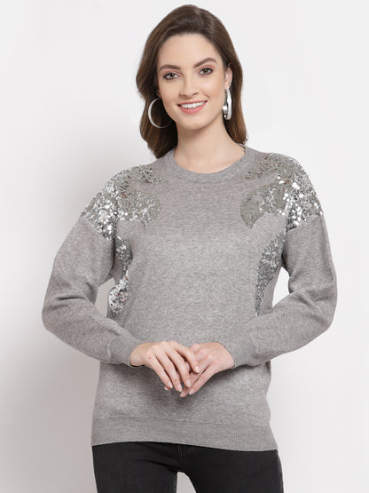 Mafadeny Women Grey Embellished Pullove