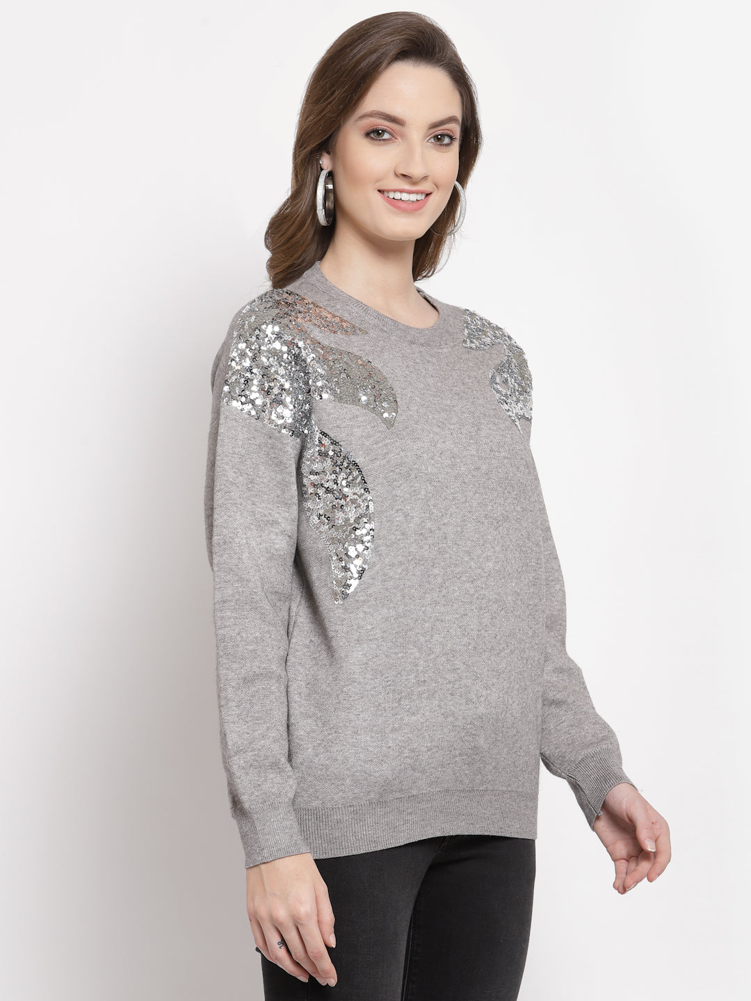 Mafadeny Women Grey Embellished Pullove