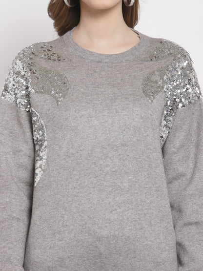 Mafadeny Women Grey Embellished Pullove