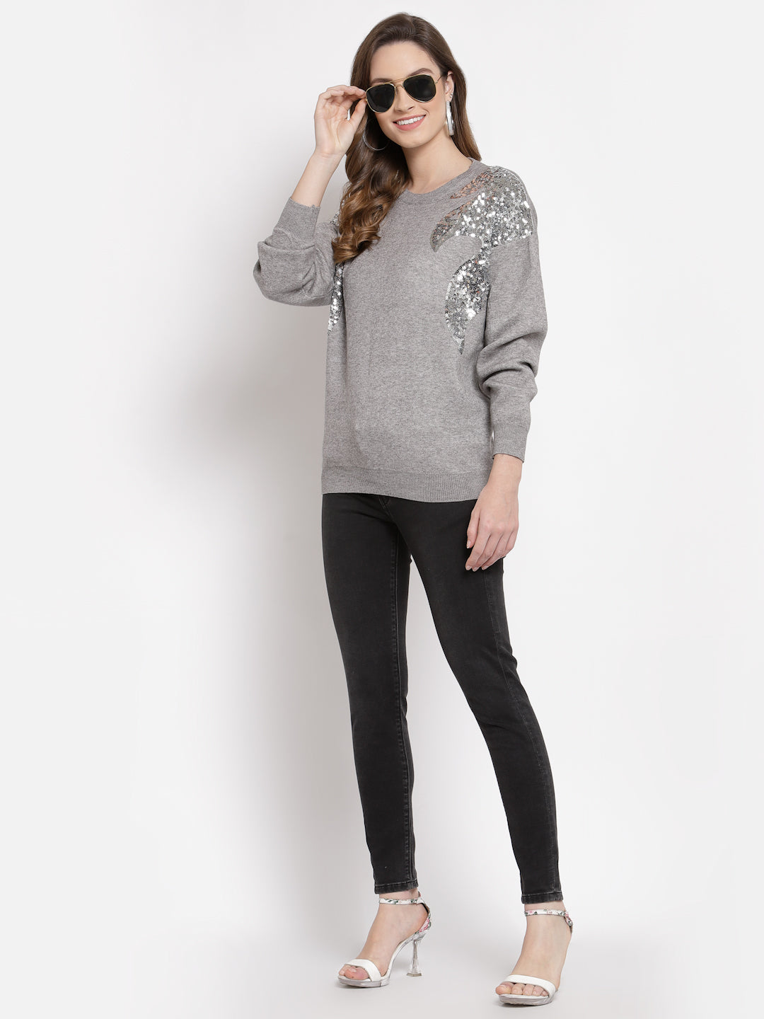 Mafadeny Women Grey Embellished Pullove