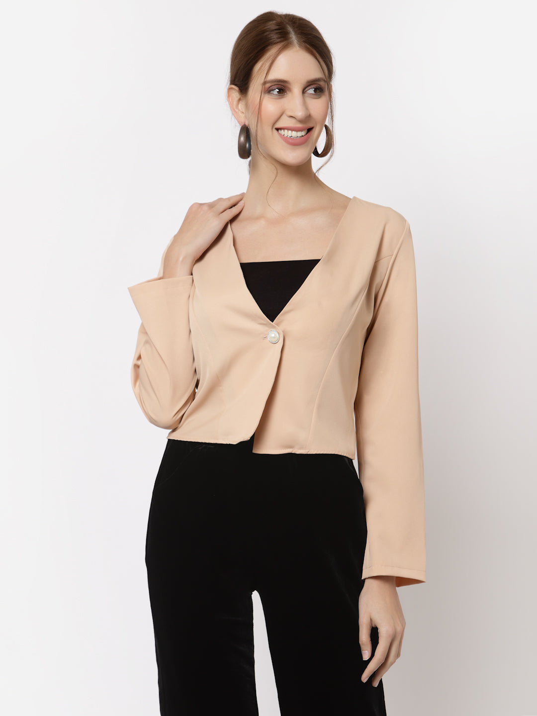 Mafadeny Women Peach-Coloured Crop Button Shrug