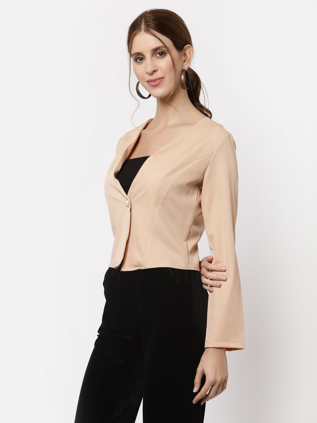 Mafadeny Women Peach-Coloured Crop Button Shrug