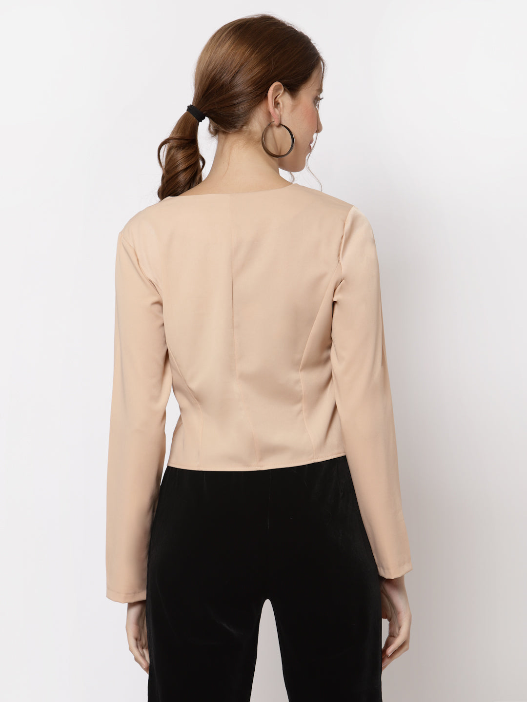 Mafadeny Women Peach-Coloured Crop Button Shrug