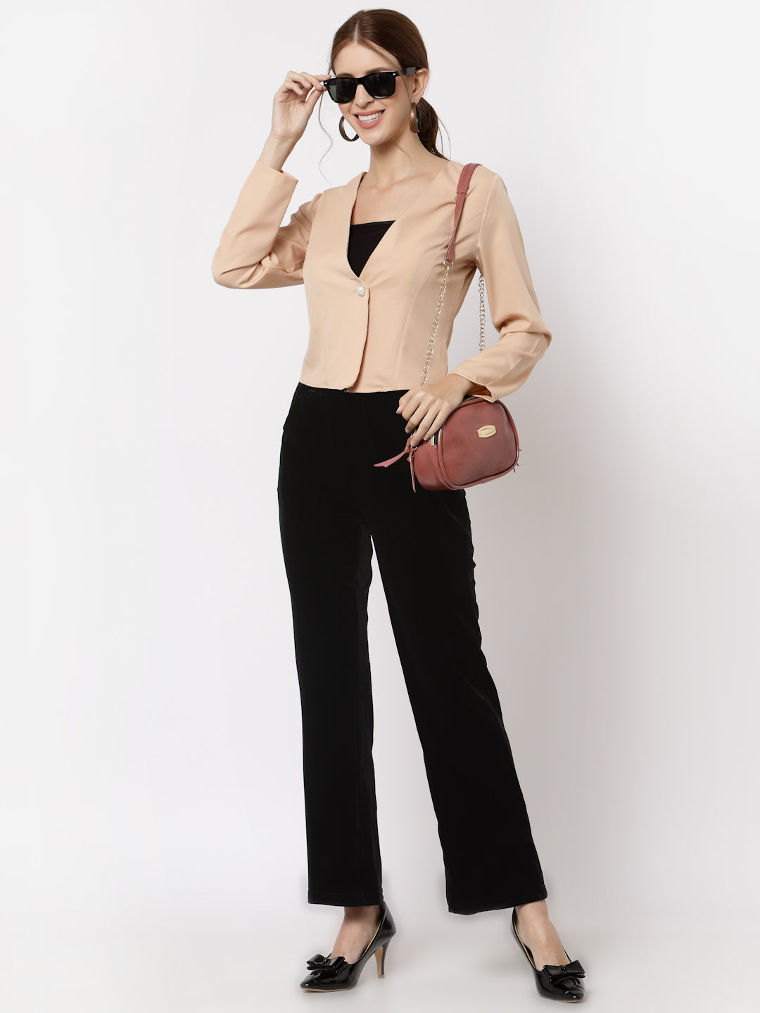 Mafadeny Women Peach-Coloured Crop Button Shrug