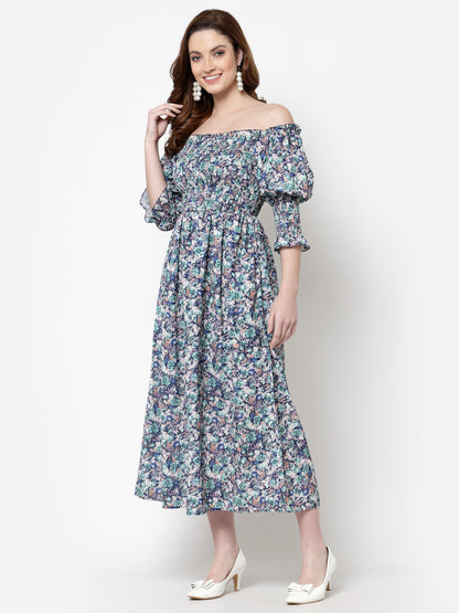 Mafadeny Blue & White Floral Off-Shoulder Midi Dress